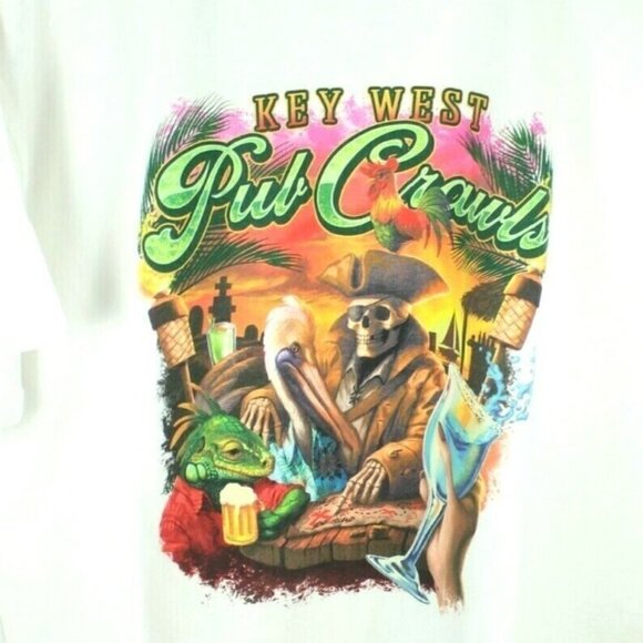 Port & Company Tops - Key West Pub Crawl Skeleton Pirate White T-Shirt Short Sleeve, size Small